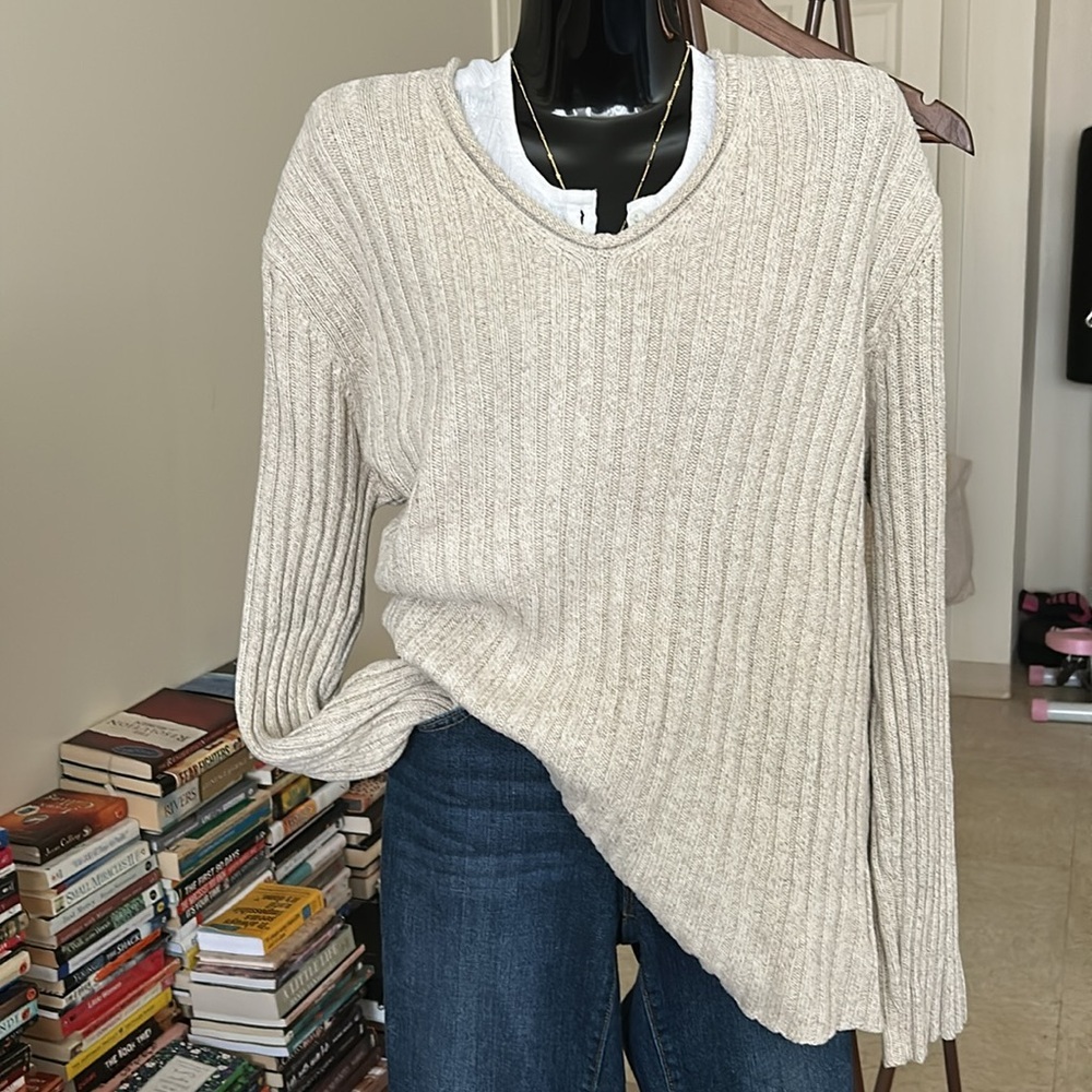 Lauren Ralph Lauren Beige Ribbed V-Neck Sweater